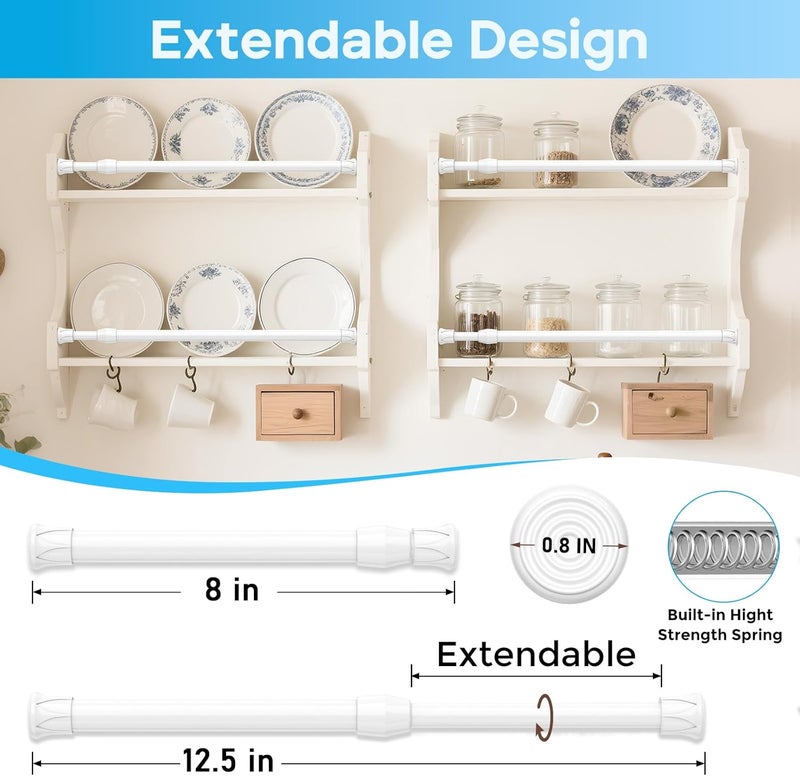 ZipGlo Tension Curtain Rod 8-12.5 inch Small Tension Rods White Adjustable Spring Tension Curtain Rods 6PCS Mini Curtain Rod Short for Cupboard Closet Rod Kitchen Drawers No Drill Cupboard Cabinets - Image 3